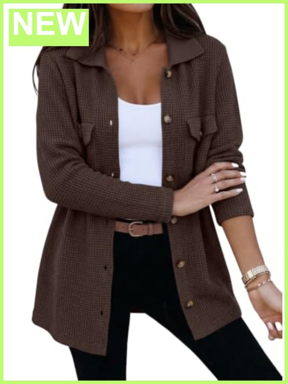Waffle Knit Chunky Cardigan Shacket V-Neck Button Down Loose Fit